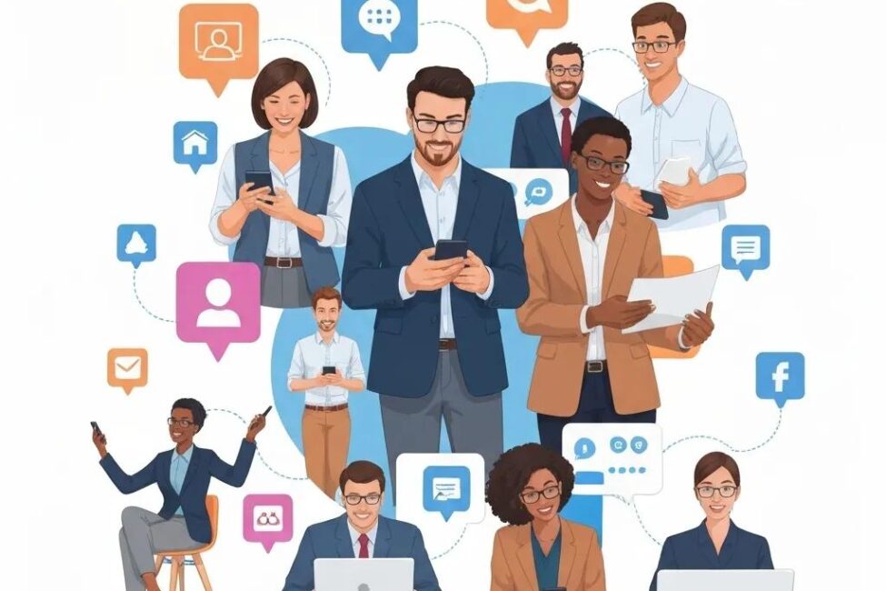 Diverse small business owners engaging with customers on social media platforms