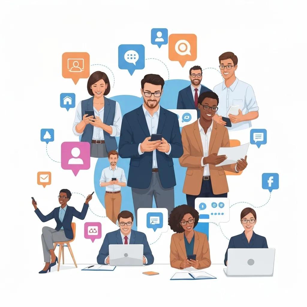 a398b33a-f86e-4a43-af7e-0141e131f39c.webp Group of diverse professionals engaging with social media platforms, showcasing effective online communication and digital marketing strategies, surrounded by various social media icons and symbols.