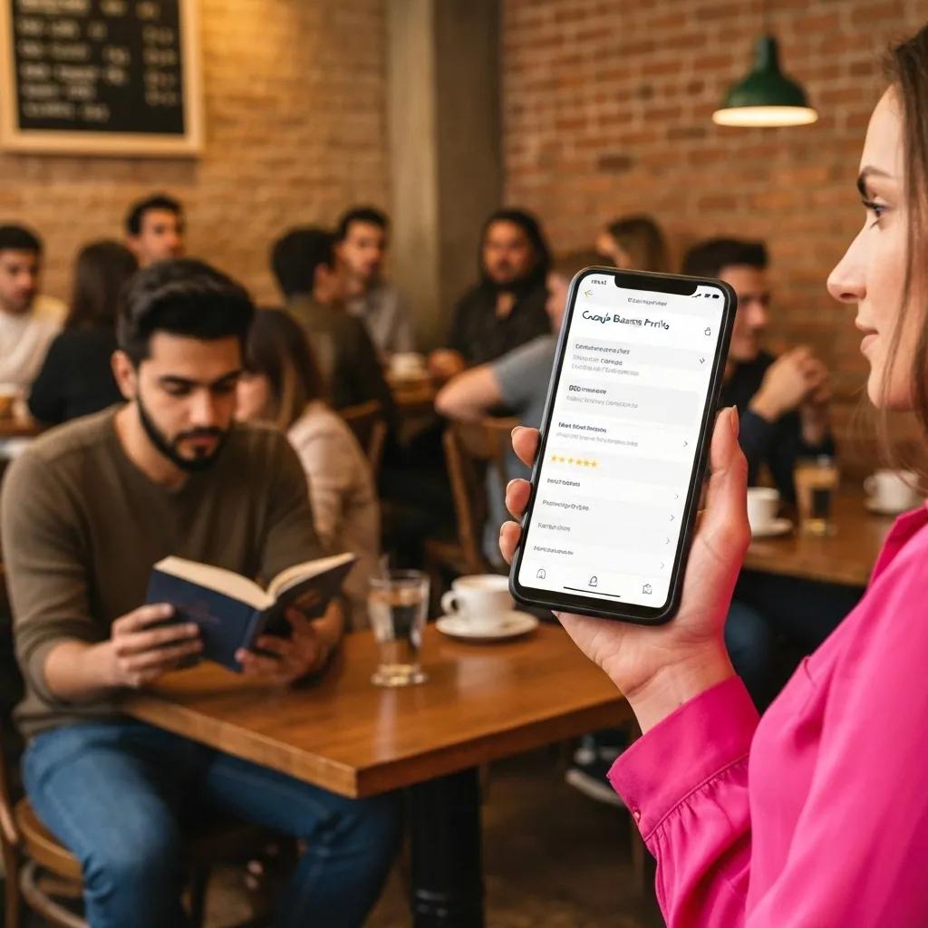 Woman holding smartphone displaying Google Business Profile in a café, with patrons engaged in conversation and reading in the background, illustrating local SEO importance for startups.