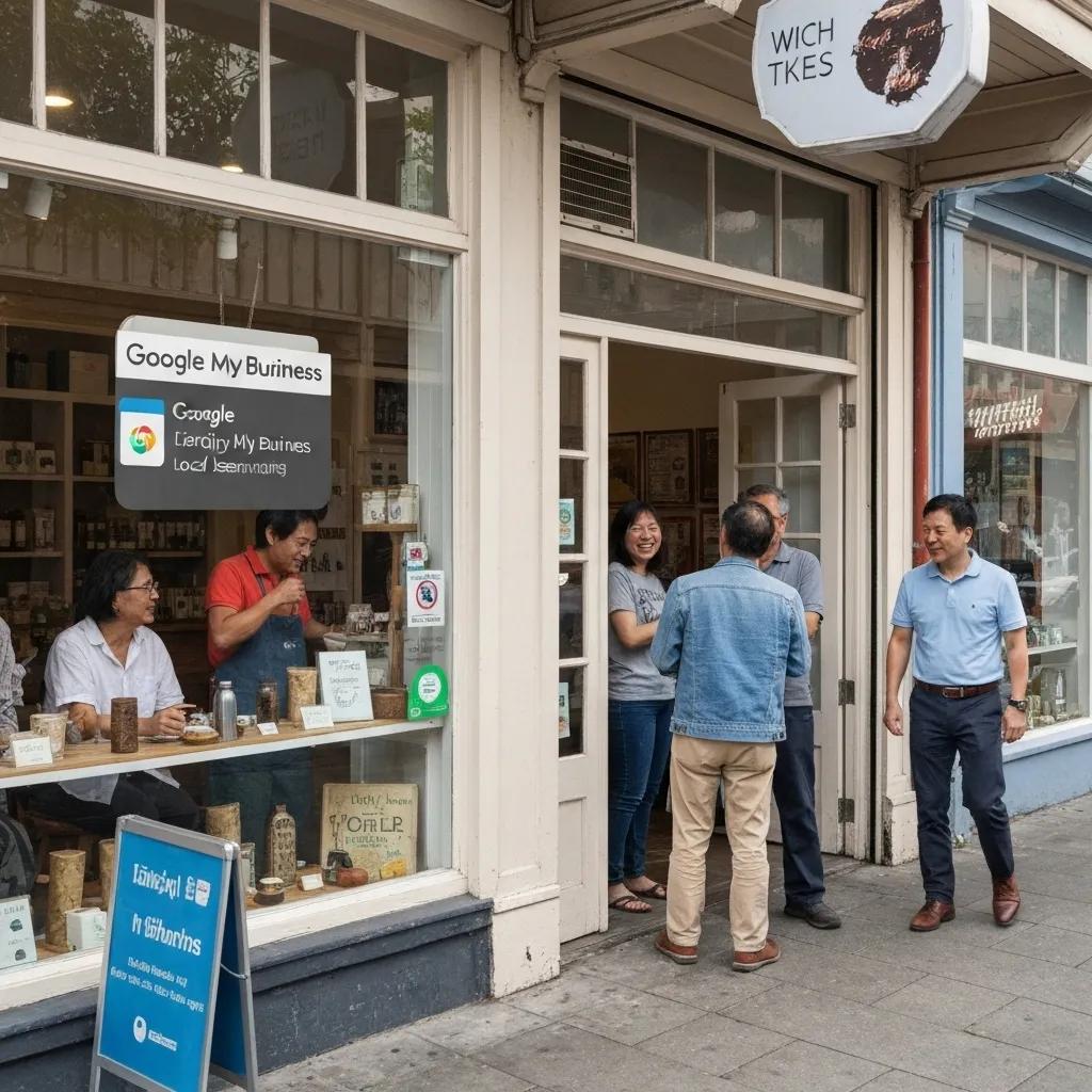 Group of people interacting outside a local business with a visible Google My Business sign, emphasizing community engagement and local SEO strategies.