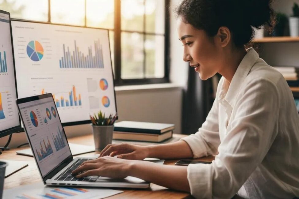 Small business owner analyzing content marketing metrics on a laptop in a cozy office