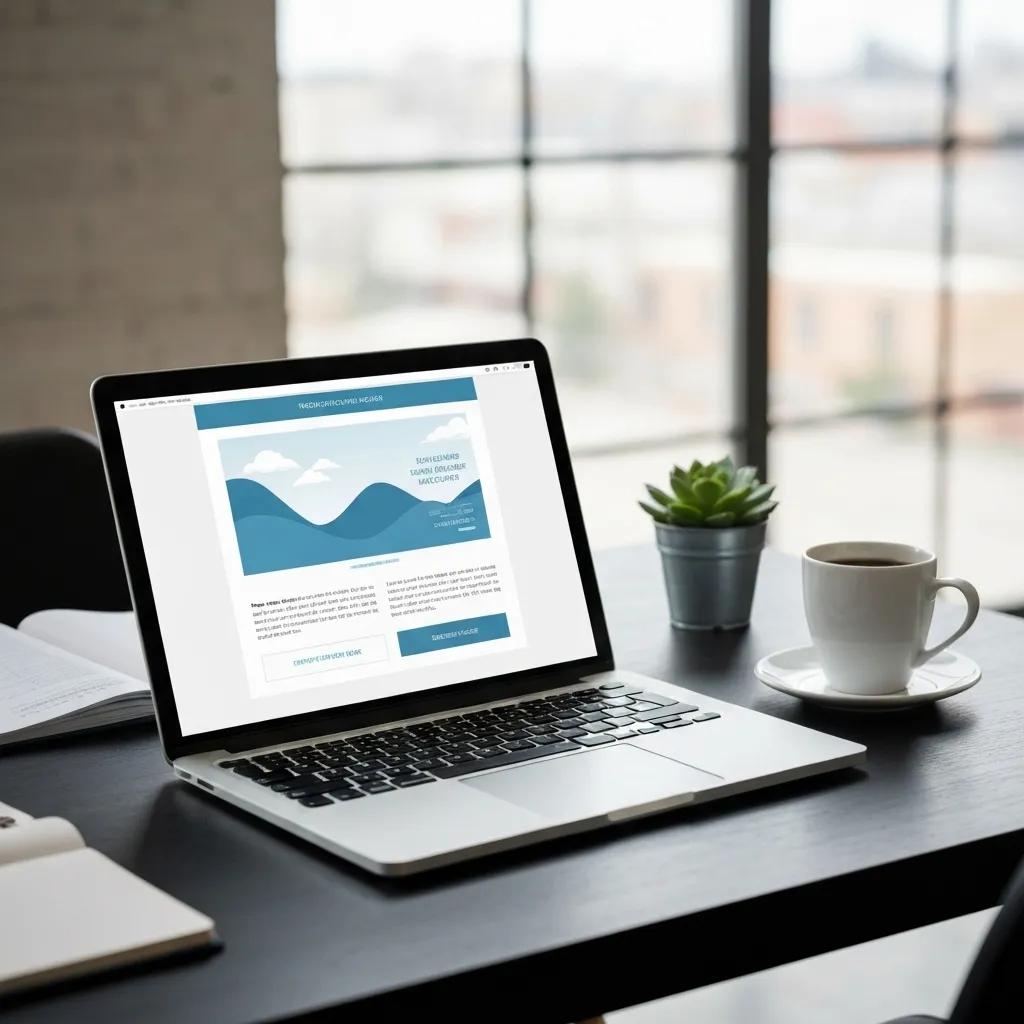 Laptop displaying an email marketing design with waves and clouds, on a desk with a coffee cup and a small plant, reflecting effective email strategies for engagement.