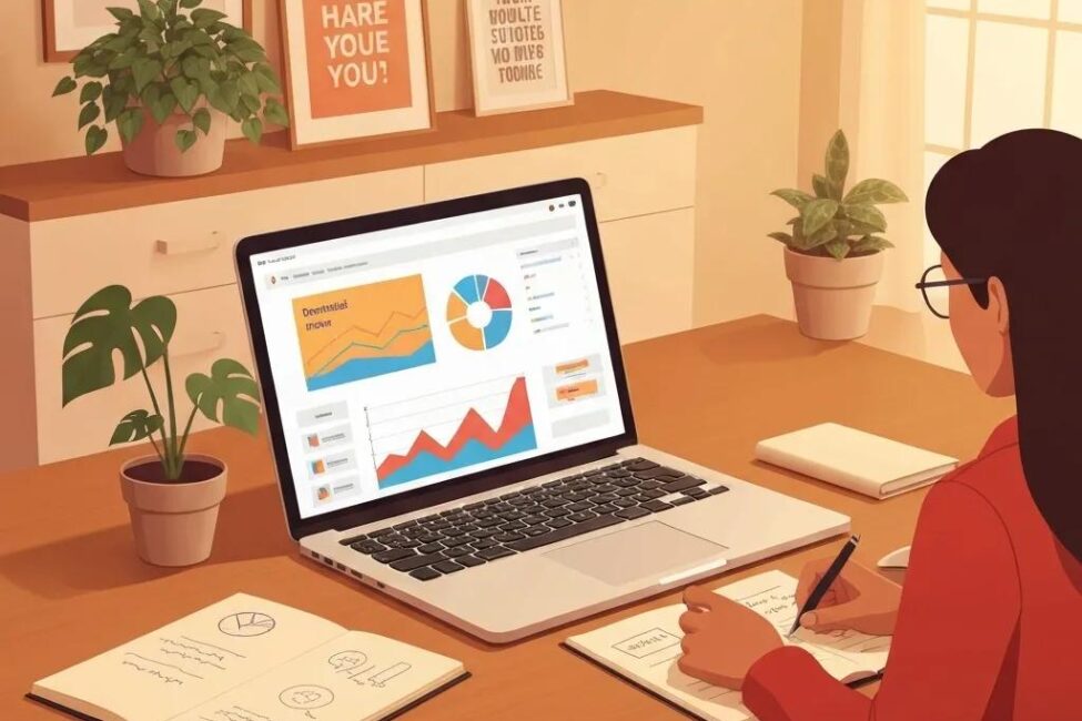 Small business owner managing an email marketing campaign in a cozy office