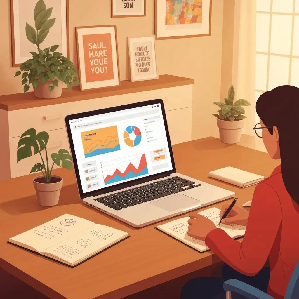 aa9abf3b-20e9-4bbf-b502-0679e7d2bc23.webp Woman analyzing email marketing metrics on a laptop, taking notes in a notebook, surrounded by plants and inspirational wall art, emphasizing digital marketing strategies for small businesses.