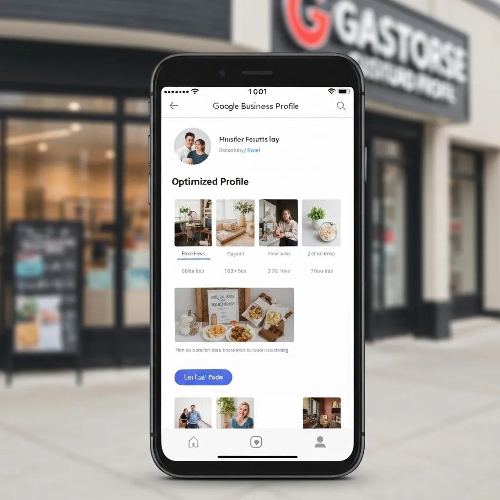 Smartphone displaying an optimized Google Business Profile for a local business, with a focus on community engagement and visual content, in front of a storefront.