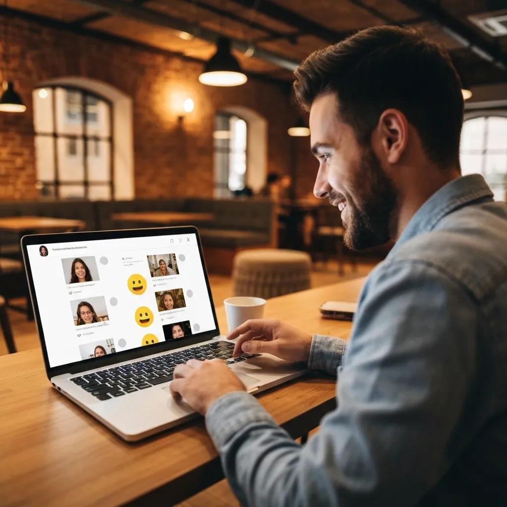 Man engaging with user-generated content on a laptop in a cozy café setting, illustrating community interaction and social media engagement strategies.