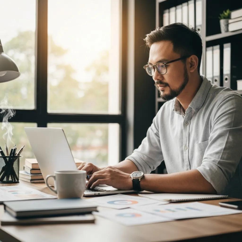 Man working on laptop at a desk, focused on digital marketing strategies, surrounded by documents and a coffee cup, in a well-lit office environment.