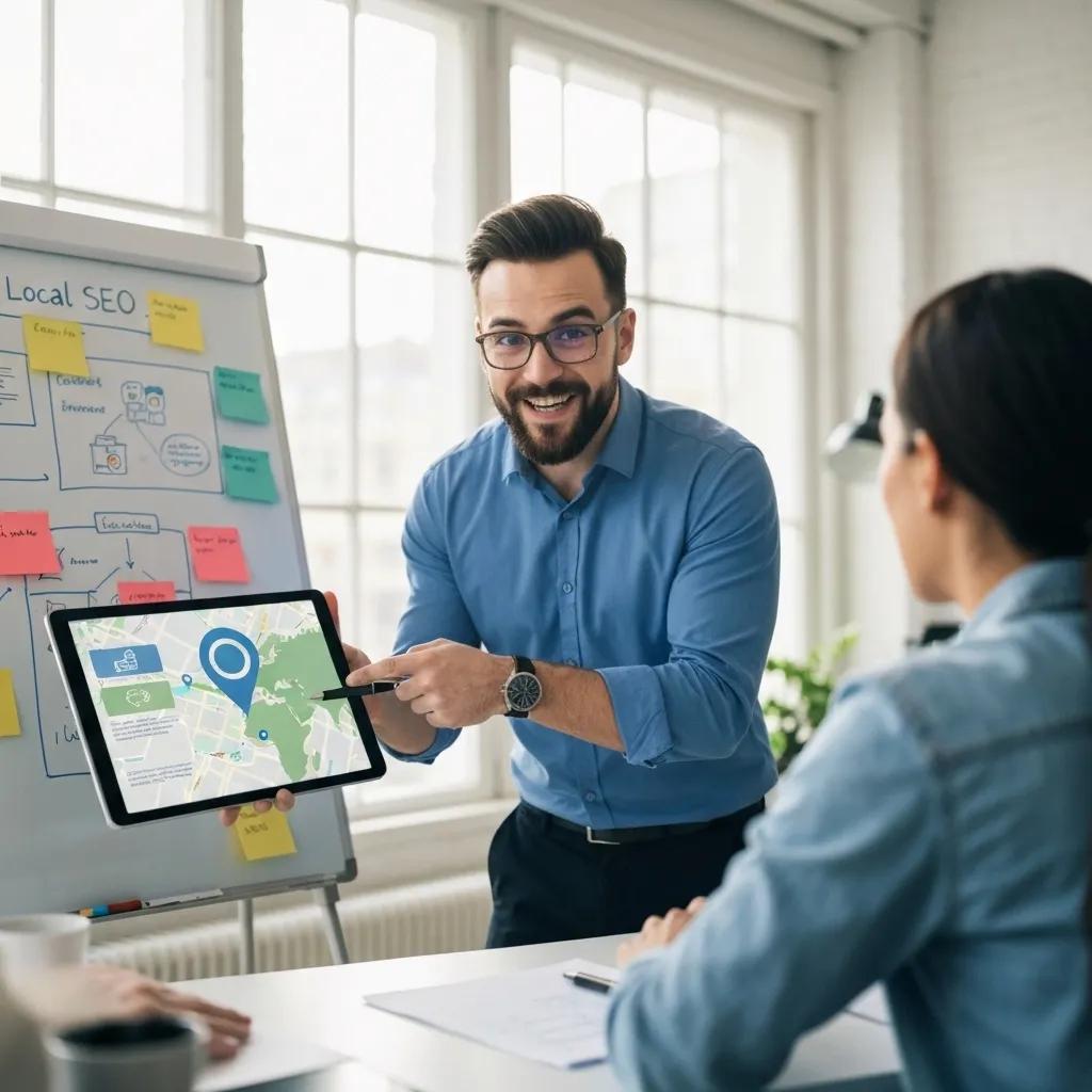 Man presenting a tablet displaying a map with a location pin, discussing local SEO strategies with a woman in an office setting, emphasizing tailored digital marketing solutions for small businesses.