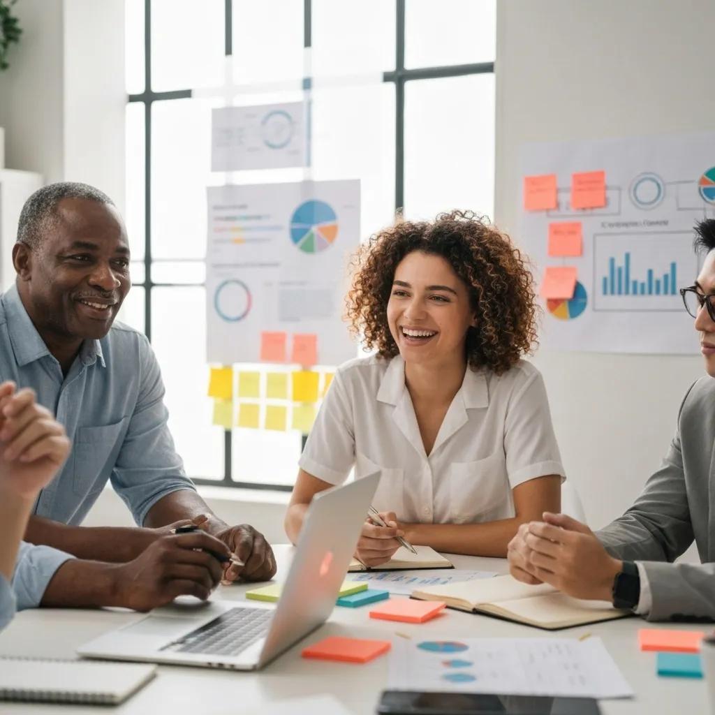 Diverse group of professionals collaborating in a meeting, discussing content marketing strategies, with charts and notes in the background.