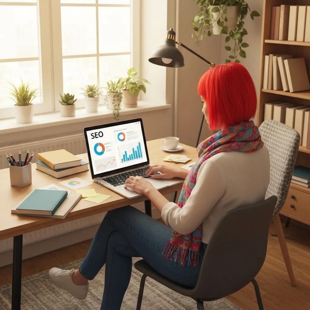 Person with red hair working on a laptop displaying SEO analytics and performance graphs in a bright, plant-filled office setting, emphasizing digital marketing strategies.