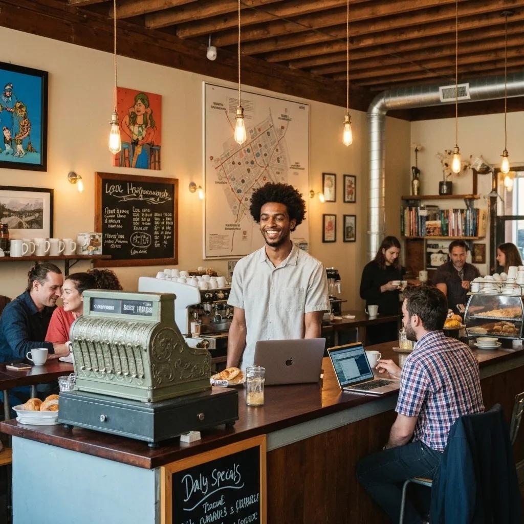 Barista smiling behind the counter in a cozy coffee shop, with patrons enjoying beverages and pastries, emphasizing local business atmosphere and community engagement.