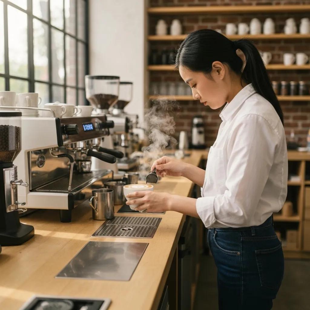 Barista preparing coffee in a modern café, steam rising from the cup, highlighting quality service and craftsmanship in a vibrant setting.