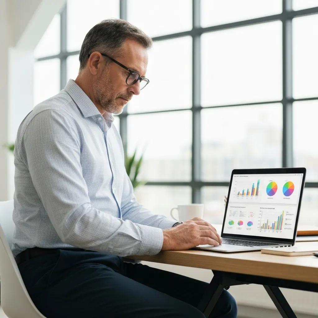 Man analyzing data on a laptop with colorful charts and graphs, emphasizing content marketing metrics for small businesses.