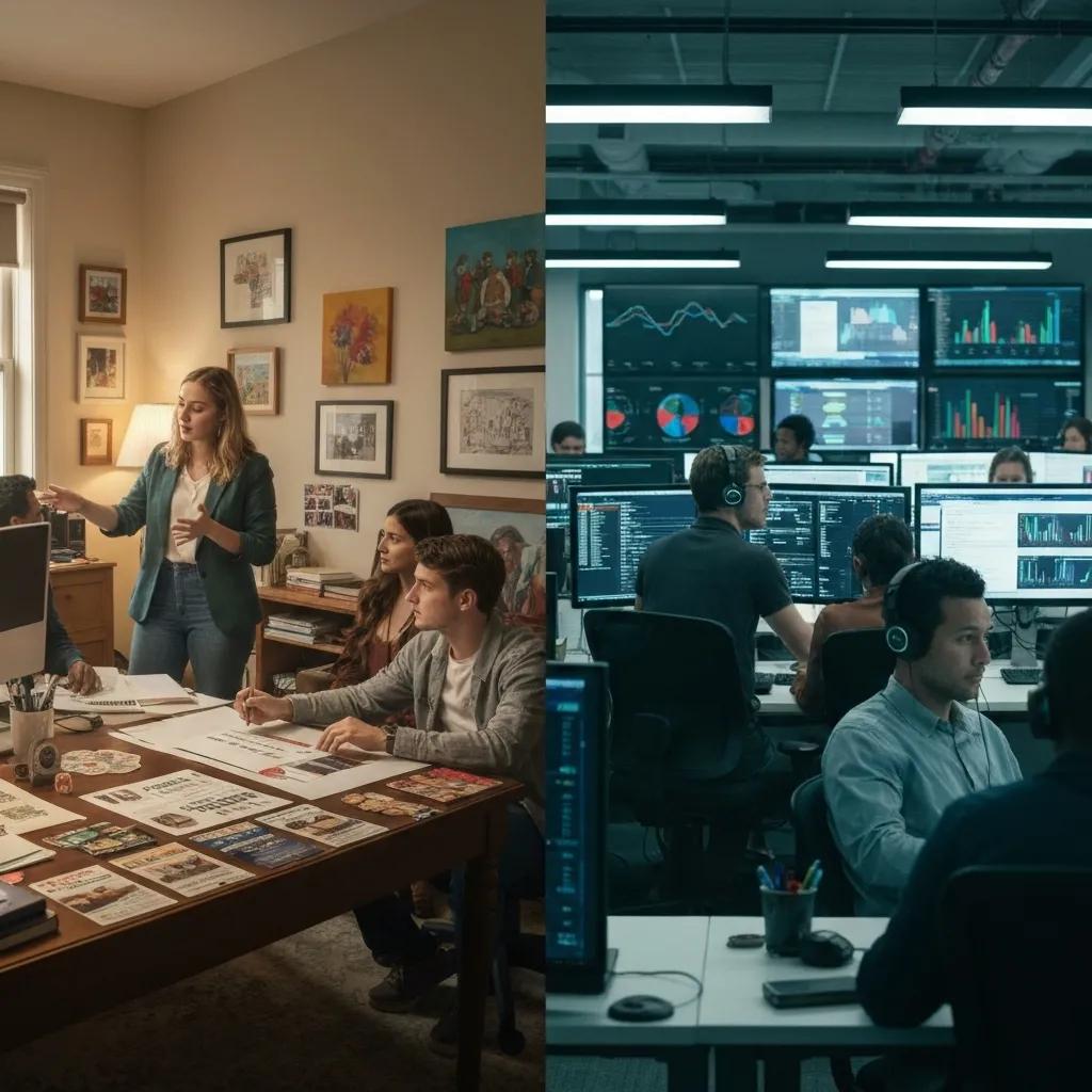 Workspace split image showing a collaborative meeting with a woman presenting marketing materials to a group on the left, and a data analytics team analyzing performance metrics on multiple screens on the right, illustrating content marketing strategies and analytics in action.