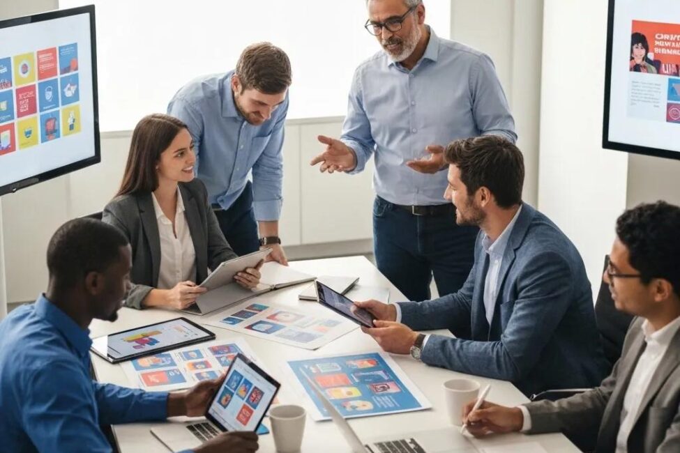 Diverse professionals collaborating in a modern office, emphasizing teamwork in content marketing