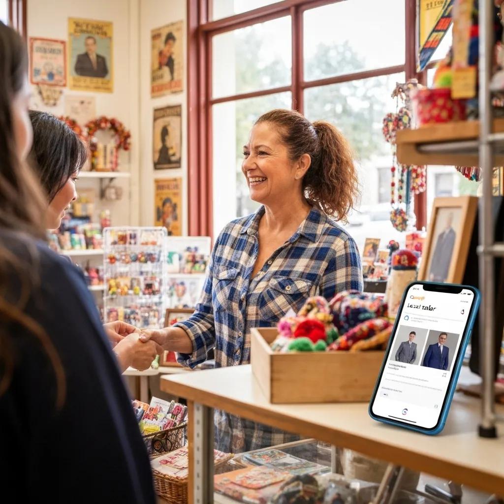 dbe6d51c-b285-47f0-98fd-e5adcc708f6a.webp Smiling shopkeeper engaging with customers in a colorful retail store, showcasing local business interaction and customer service, with a smartphone displaying a digital platform for local shopping.