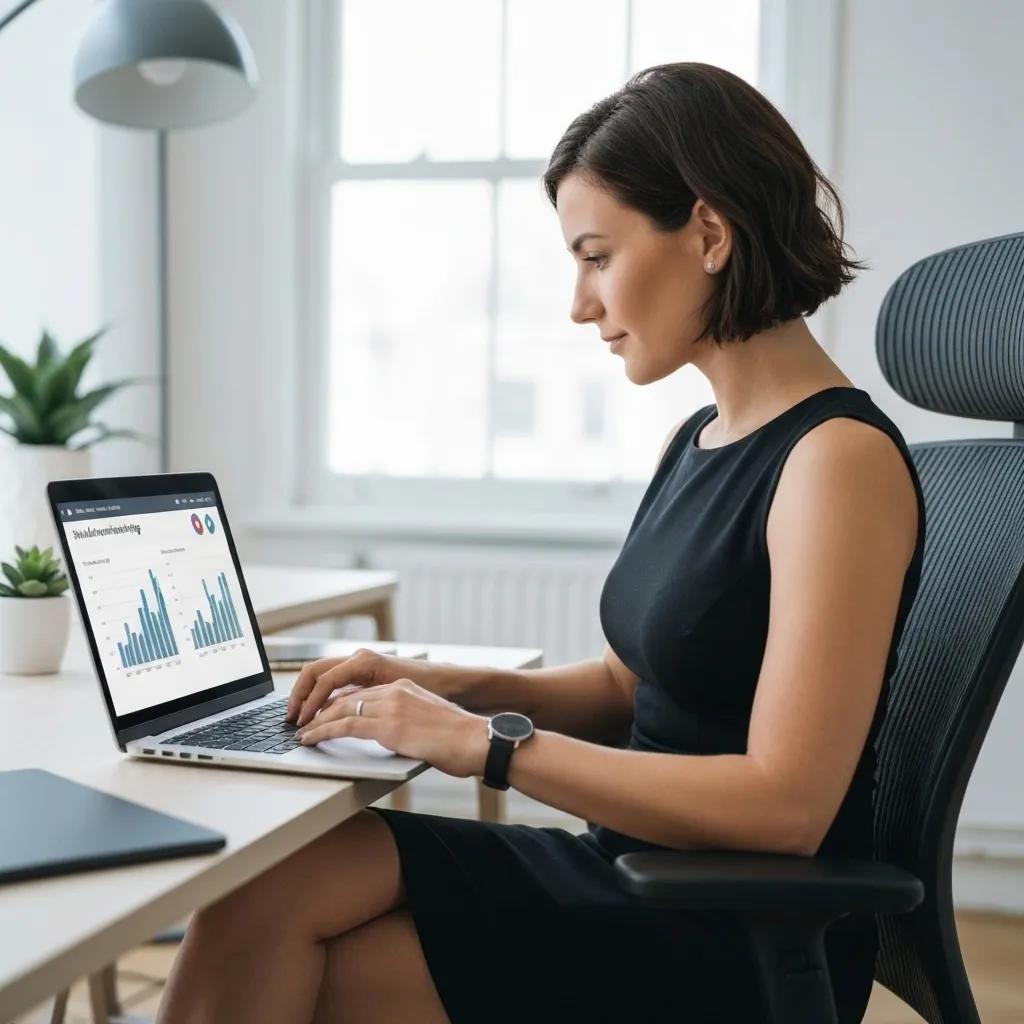 Woman analyzing influencer marketing metrics on a laptop in a modern office setting, emphasizing data-driven strategies for campaign success.