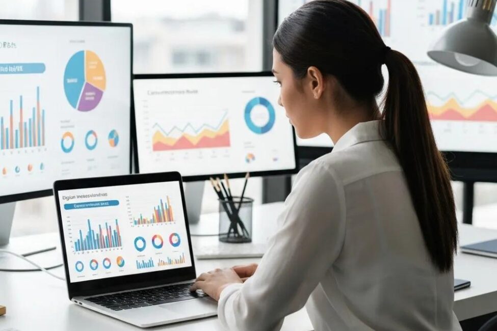 Digital marketing professional analyzing conversion rates in a modern office