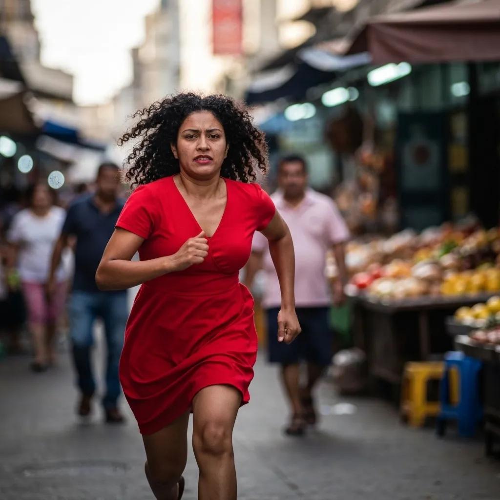 Woman in a red dress running through a bustling market street, emphasizing urgency and engagement in a vibrant consumer environment.