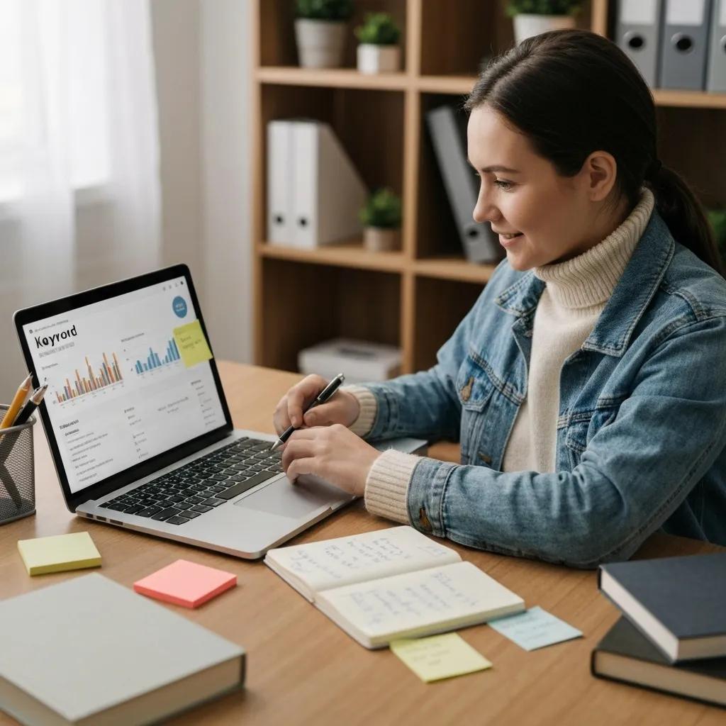 Woman analyzing keyword data on laptop in a modern workspace, surrounded by notes and stationery, emphasizing the importance of keyword research for effective SEO strategies.