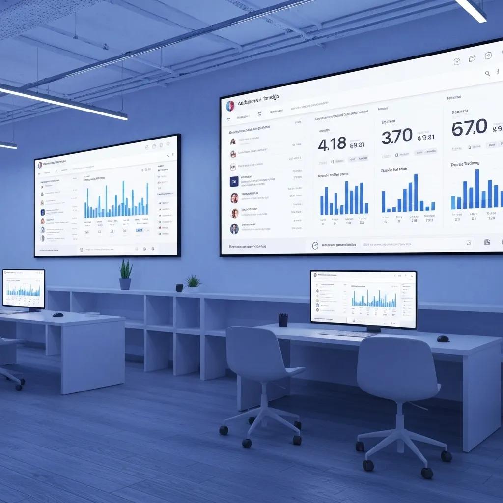 Office space featuring digital analytics dashboards on large screens, showcasing social media metrics and performance data, with desktop computers and minimalistic furniture.