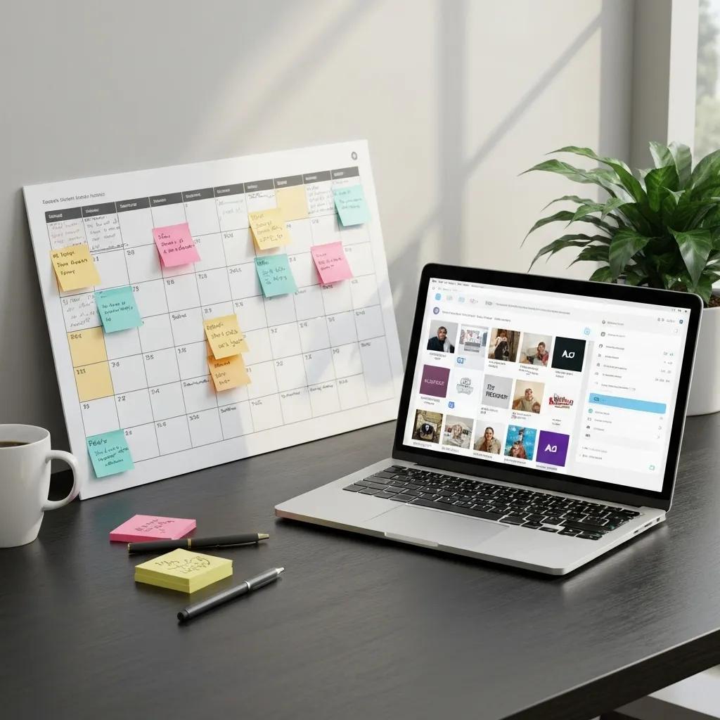 Laptop displaying social media content planning software next to a calendar filled with colorful sticky notes, coffee cup, and pens, illustrating effective social media content calendar strategies for audience engagement and brand consistency.