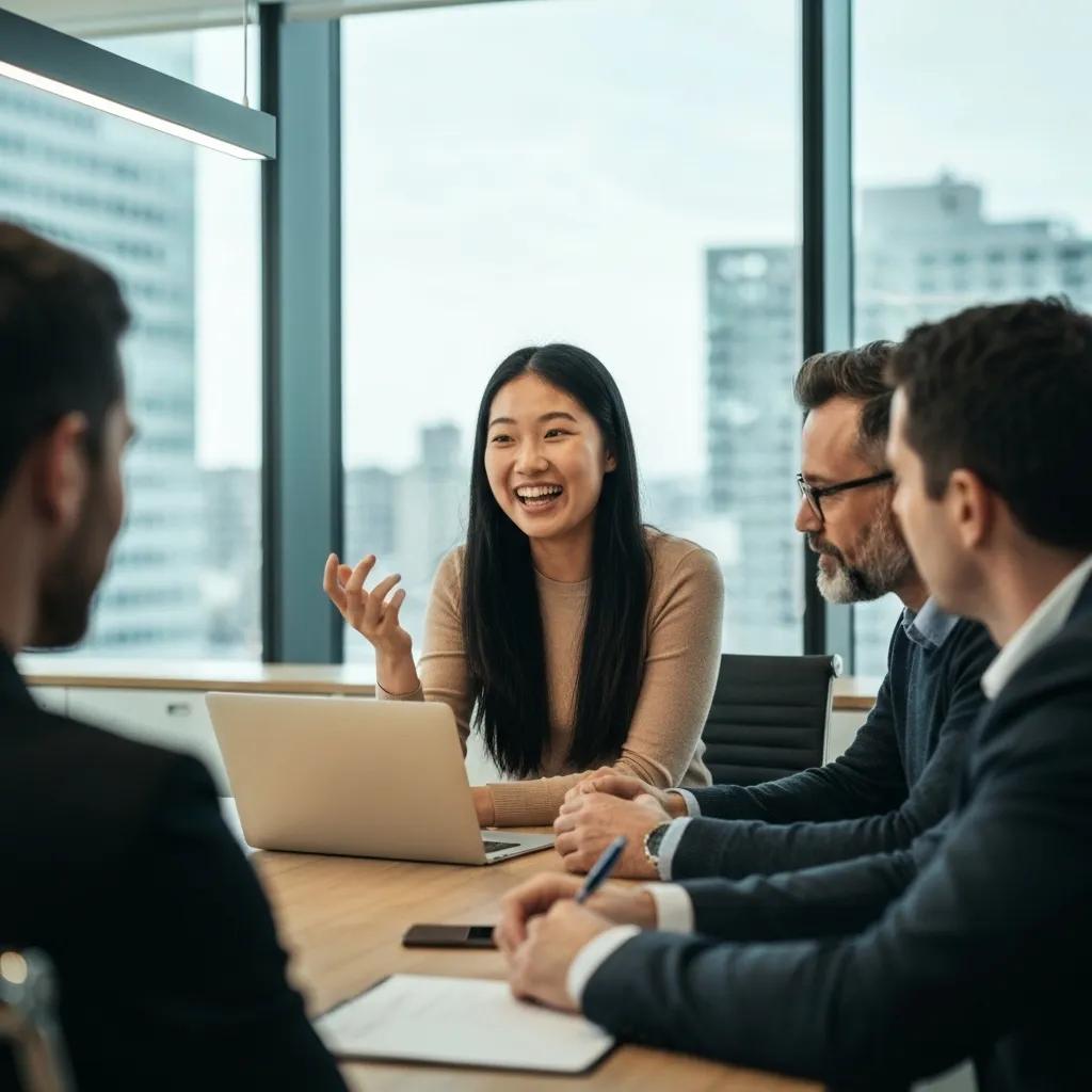 ec6f4ece-2fb5-4b10-8a89-71e20637f6c3.webp Smiling woman presenting in a modern office meeting, engaging with colleagues around a laptop, emphasizing collaboration in digital marketing strategies.