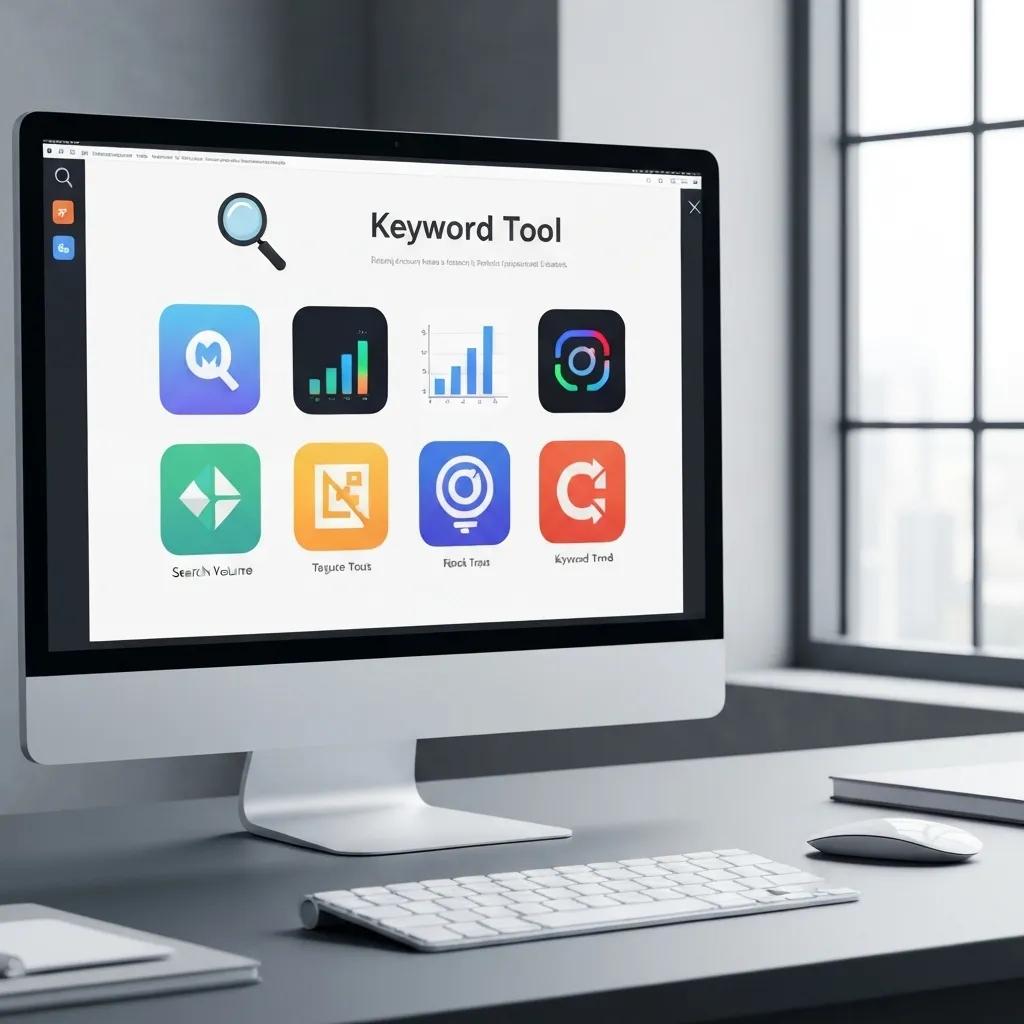 Computer screen displaying various keyword research tools, including icons for search volume, tagging tools, and keyword trend analysis, relevant for SEO strategies in digital marketing.