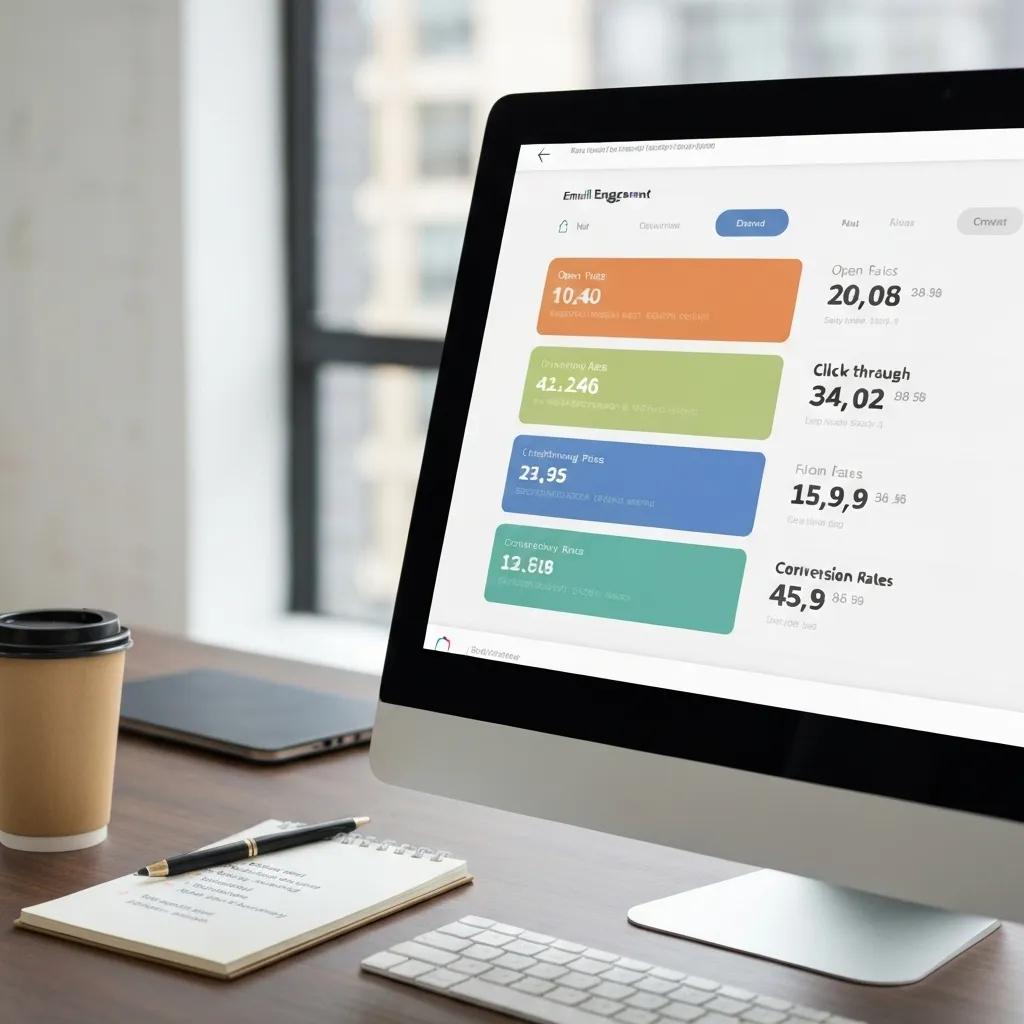 Dashboard displaying email engagement metrics, including open rates, click-through rates, and conversion rates, on a computer screen in a modern office setting, emphasizing digital marketing analytics for small businesses.