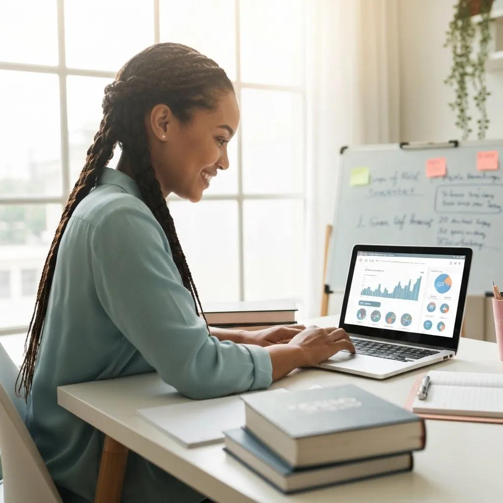 Woman analyzing data on laptop in a bright workspace, surrounded by books and a whiteboard with notes, illustrating digital marketing and technical SEO audit concepts.