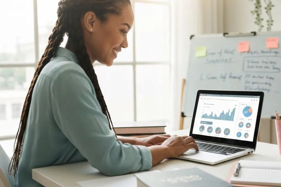 Small business owner reviewing a technical SEO audit checklist on a laptop in a bright workspace