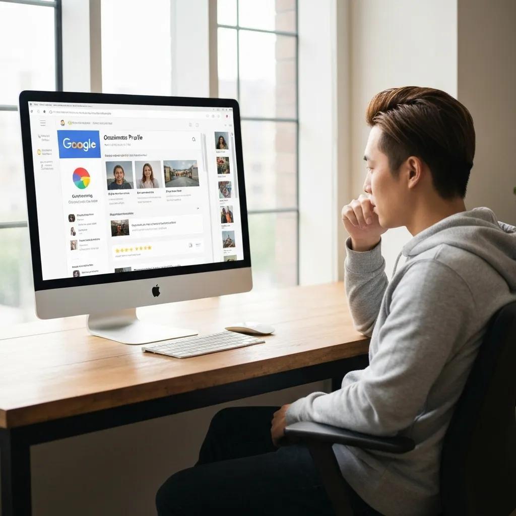 Person reviewing Google Business Profile on desktop computer, emphasizing local SEO optimization strategies for small businesses.