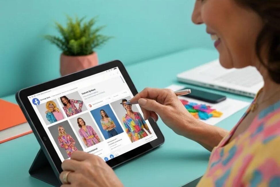 Local business owner designing Facebook and Instagram ads on a tablet
