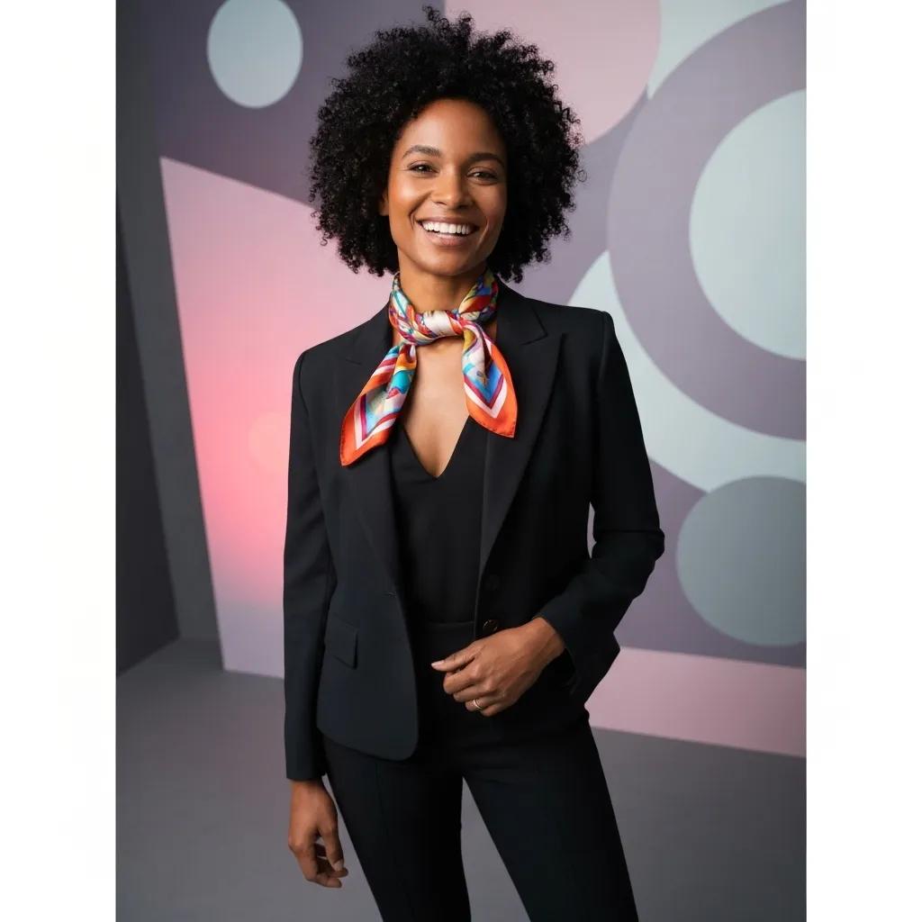 fd94cf49-ba24-43cd-827f-821acdbfa0ca.webp Professional woman smiling in a black suit with a colorful scarf, set against a modern abstract background, representing effective branding and social media engagement strategies for local businesses.