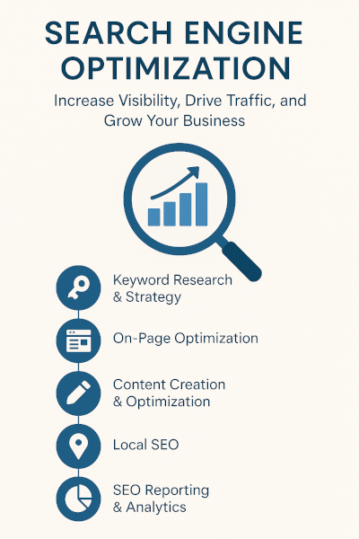 Search Engine Optimization infographic illustrating key services: increase visibility, drive traffic, and grow business; includes keyword research, on-page optimization, content creation, local SEO, and SEO reporting.