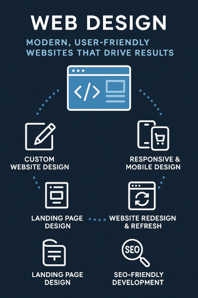Web design infographic highlighting custom website design, responsive and mobile design, landing page design, website redesign and refresh, and SEO-friendly development, emphasizing modern, user-friendly websites that drive results.