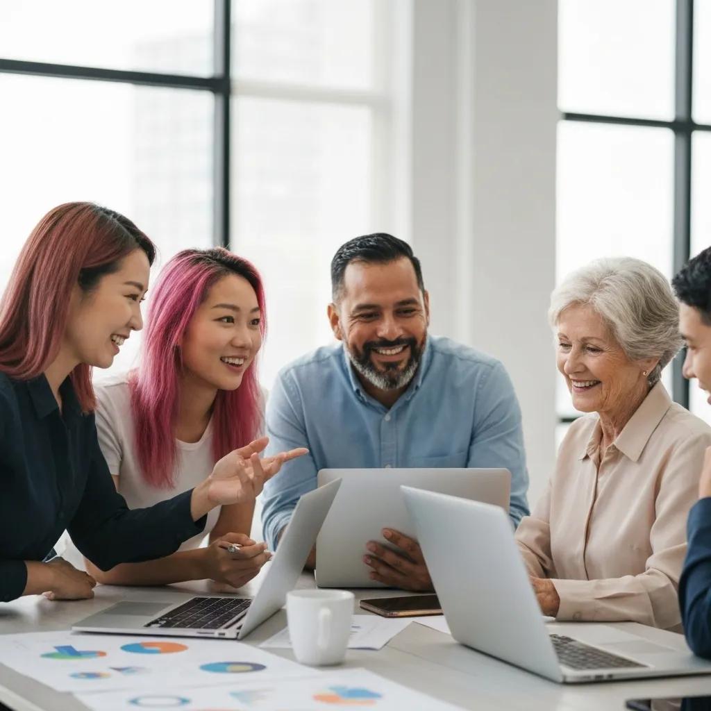 Group of small business owners collaborating on digital marketing strategies in a modern office