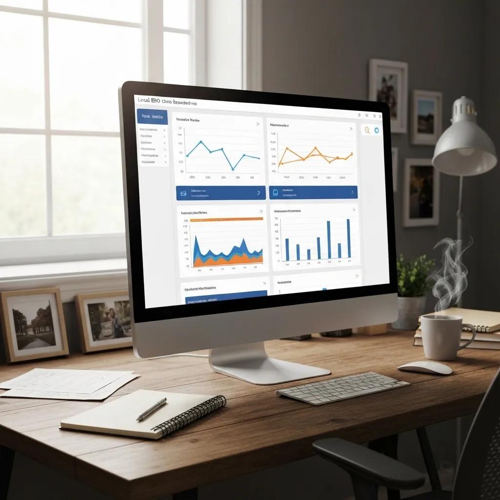 A close-up view of a local SEO dashboard displayed on a computer screen in a comfortable workspace