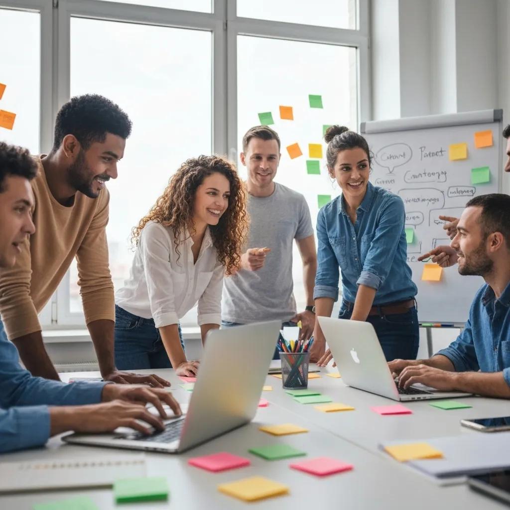 A social media marketing team brainstorming content strategies in a creative office environment