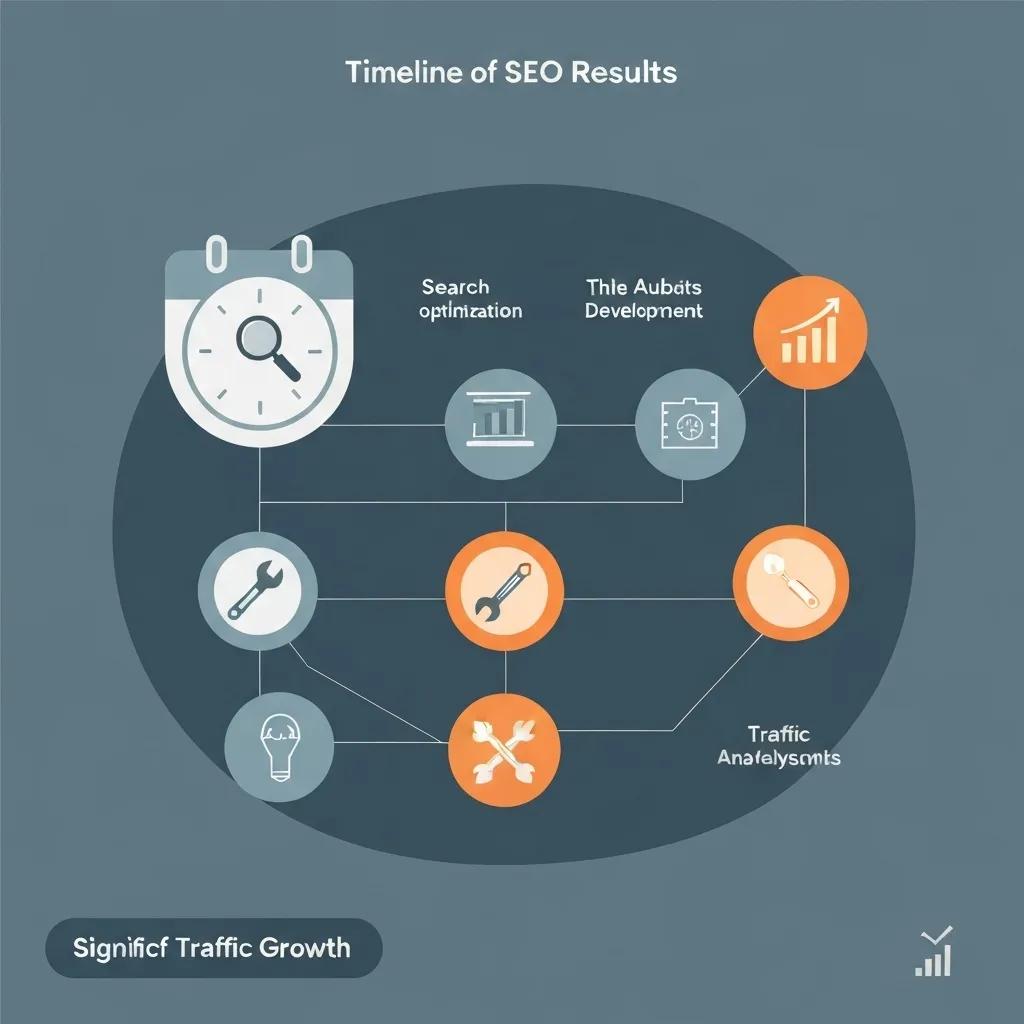 A visual representation of an SEO results timeline, showing phases from initial audits to sustained traffic growth