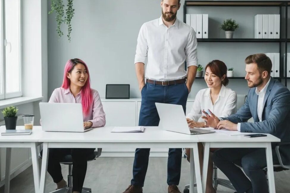 a325d032-84c8-44e4-9804-10f1c2473bfb.webp Group of professionals collaborating on digital marketing strategies in a modern office