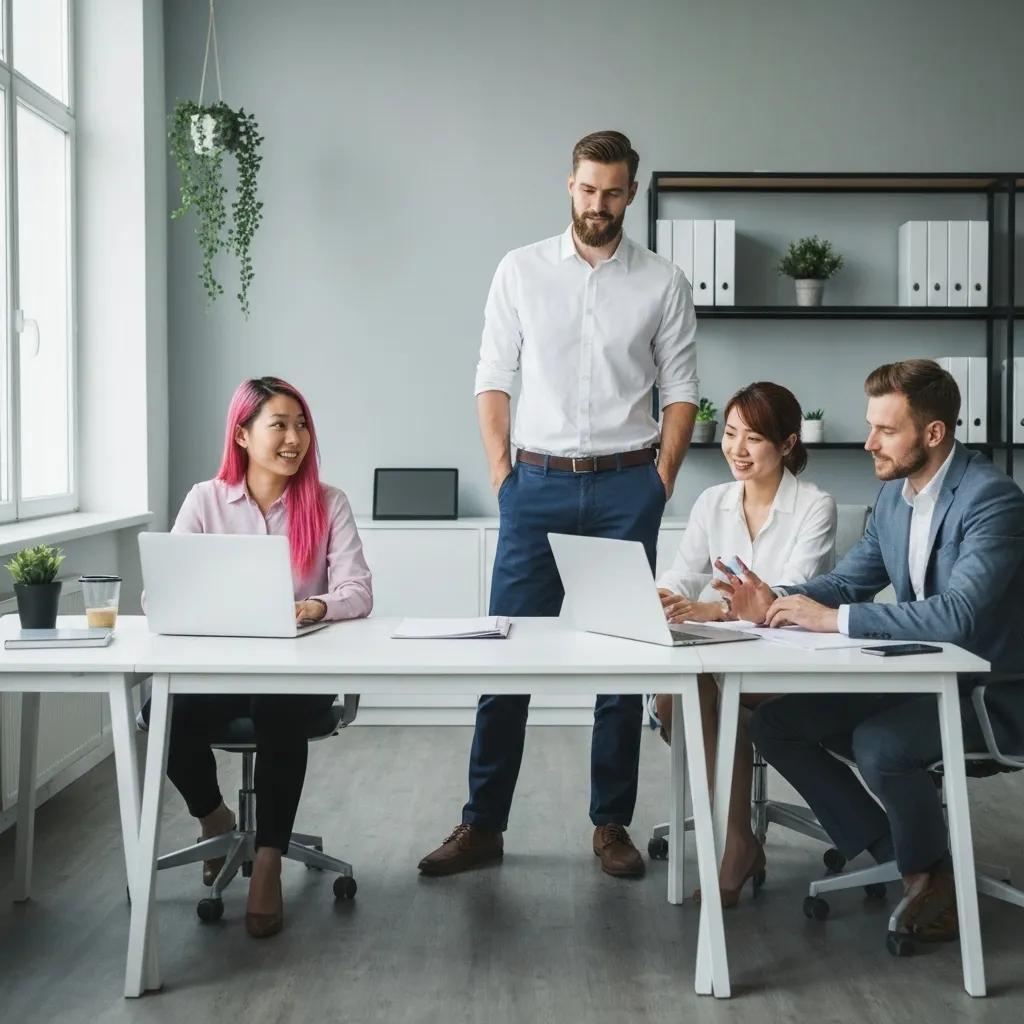 Group of professionals collaborating on digital marketing strategies in a modern office