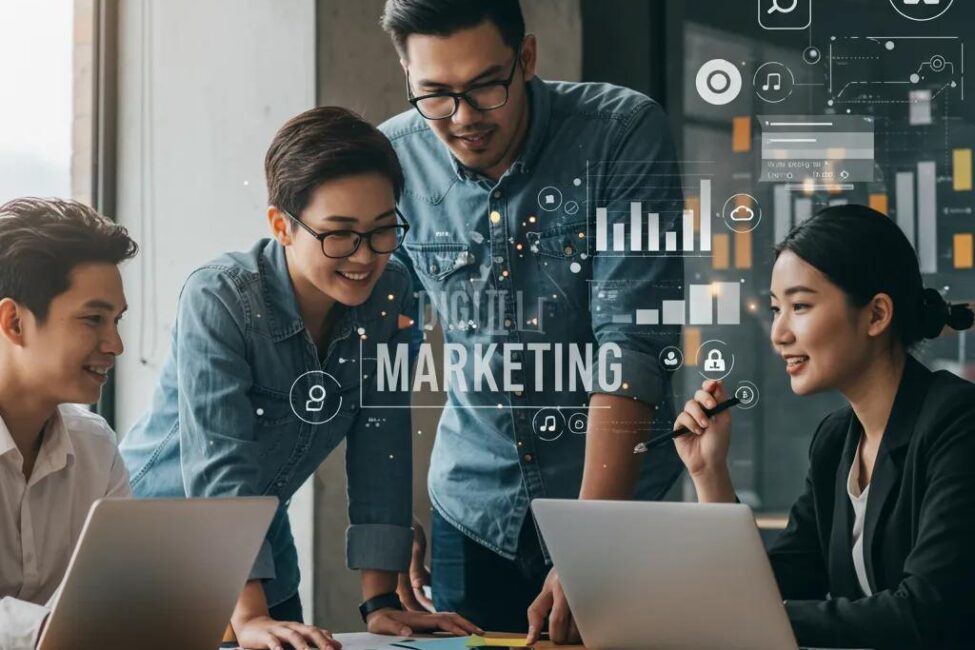 Digital marketing team collaborating in a modern office, emphasizing teamwork and strategy