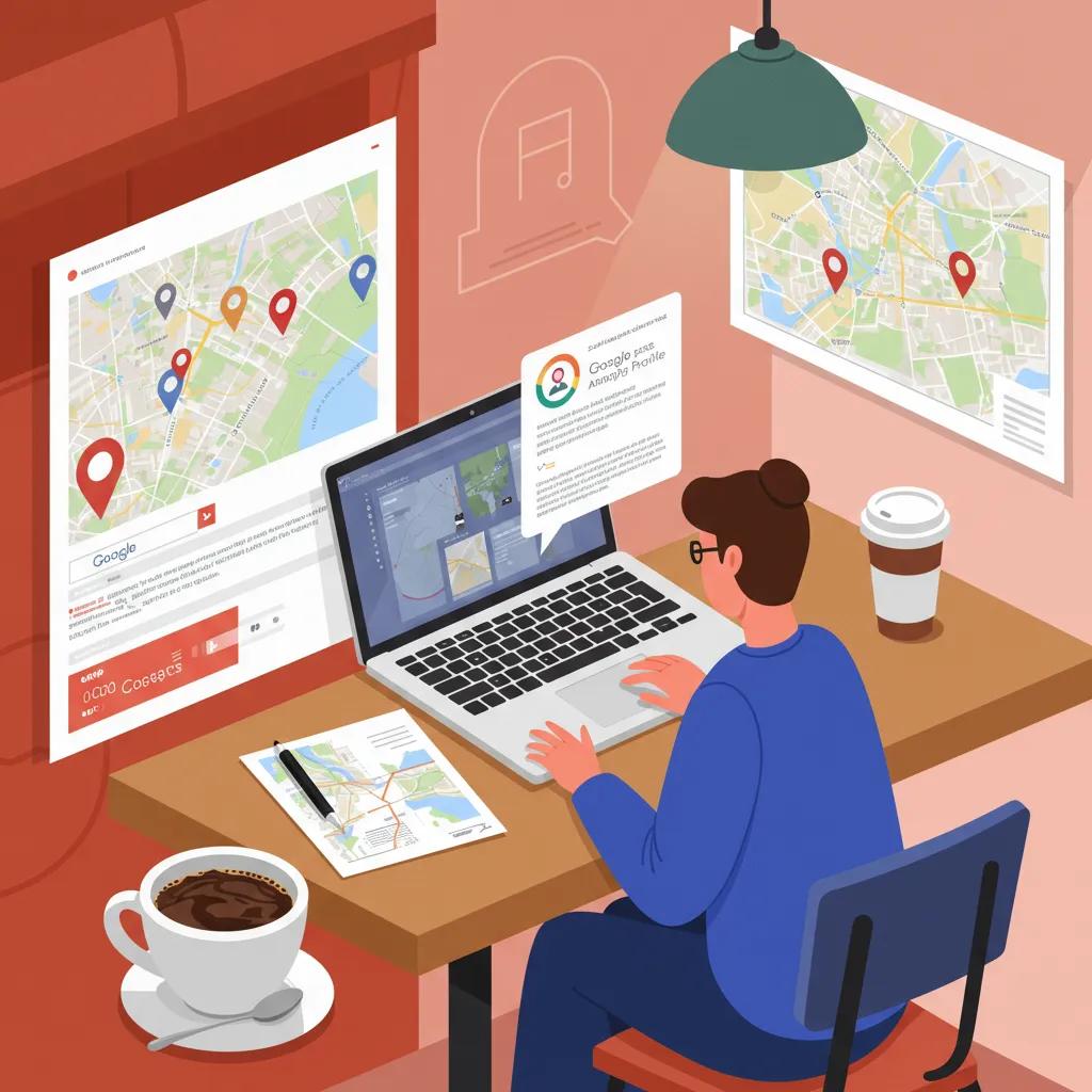 Person working on a laptop analyzing Google Business Profile with maps and local SEO strategies in a cafe, featuring coffee cup and printed maps on the table.