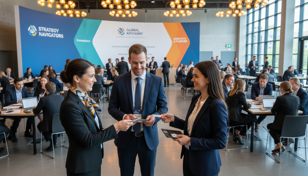 A bustling industry event set in a modern conference hall, featuring diverse professionals engaged in conversation and networking. In the foreground, a group of three consultants, dressed in smart business attire, enthusiastically exchanging business cards while smiling. In the middle, several smaller clusters of attendees are seen discussing around tables with laptops and notepads, reflecting a collaborative atmosphere. The background showcases a vibrant display of banners representing various consulting firms and services, with soft, warm lighting illuminating the space and creating a welcoming ambiance. The scene captures the essence of relationship marketing, emphasizing connection and collaboration among industry peers, with a slight focus on interaction and engagement. Shot from a slightly elevated angle, the image conveys a lively, dynamic networking environment. A bustling industry event set in a modern conference hall, featuring diverse professionals engaged in conversation and networking. In the foreground, a group of three consultants, dressed in smart business attire, enthusiastically exchanging business cards while smiling. In the middle, several smaller clusters of attendees are seen discussing around tables with laptops and notepads, reflecting a collaborative atmosphere. The background showcases a vibrant display of banners representing various consulting firms and services, with soft, warm lighting illuminating the space and creating a welcoming ambiance. The scene captures the essence of relationship marketing, emphasizing connection and collaboration among industry peers, with a slight focus on interaction and engagement. Shot from a slightly elevated angle, the image conveys a lively, dynamic networking environment.
