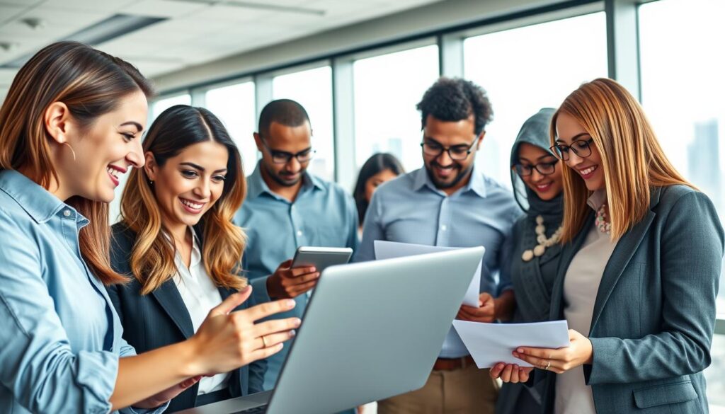 A group of diverse SEO experts collaborating in a bright, modern office space. In the foreground, two professionals (a Caucasian woman and an Asian man) are engaged in an animated discussion over a laptop, both dressed in smart business attire. In the middle, a diverse team of three individuals—one Black woman, one Hispanic man, and one Middle-Eastern woman—analyzing data on digital devices and papers. The background features a large window with views of a city skyline, letting in natural light that creates a warm, inviting atmosphere. The overall mood is energetic and professional, emphasizing teamwork and innovation in digital marketing. Soft, diffused lighting enhances the positive ambiance, with a focus on clarity and collaboration. A group of diverse SEO experts collaborating in a bright, modern office space. In the foreground, two professionals (a Caucasian woman and an Asian man) are engaged in an animated discussion over a laptop, both dressed in smart business attire. In the middle, a diverse team of three individuals—one Black woman, one Hispanic man, and one Middle-Eastern woman—analyzing data on digital devices and papers. The background features a large window with views of a city skyline, letting in natural light that creates a warm, inviting atmosphere. The overall mood is energetic and professional, emphasizing teamwork and innovation in digital marketing. Soft, diffused lighting enhances the positive ambiance, with a focus on clarity and collaboration.
