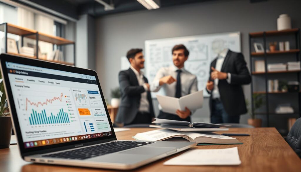 A high-tech workspace demonstrating on-page optimization techniques for SEO analysis. In the foreground, a laptop with graphs and website analytics displayed on the screen, alongside SEO guidebooks and notes. The middle ground features a knowledgeable professional, dressed in business attire, analyzing and discussing strategies with a colleague. They are both engaged in an animated conversation, pointing at the screen. In the background, a modern office environment with shelves lined with digital marketing resources and a whiteboard filled with SEO metrics and flowcharts. Soft, diffused lighting illuminates the scene, creating an atmosphere of collaboration and focus, while the lens captures a slight depth of field to emphasize the foreground activities. A high-tech workspace demonstrating on-page optimization techniques for SEO analysis. In the foreground, a laptop with graphs and website analytics displayed on the screen, alongside SEO guidebooks and notes. The middle ground features a knowledgeable professional, dressed in business attire, analyzing and discussing strategies with a colleague. They are both engaged in an animated conversation, pointing at the screen. In the background, a modern office environment with shelves lined with digital marketing resources and a whiteboard filled with SEO metrics and flowcharts. Soft, diffused lighting illuminates the scene, creating an atmosphere of collaboration and focus, while the lens captures a slight depth of field to emphasize the foreground activities.