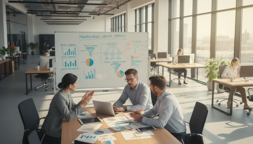 A modern manufacturing office with a strategic marketing planning session in full swing. In the foreground, a diverse group of three professionals, two men and one woman, dressed in smart business attire, are intensely discussing ideas around a large conference table scattered with graphs, charts, and a laptop. The middle section features a whiteboard displaying a detailed manufacturing marketing plan with key strategies and colorful diagrams. In the background, large windows let in natural sunlight, illuminating the space and creating a bright, optimistic atmosphere. The overall mood is focused and collaborative, emphasizing teamwork and innovation in manufacturing marketing. The scene is shot from a slightly elevated angle, providing a comprehensive view of the planning process.