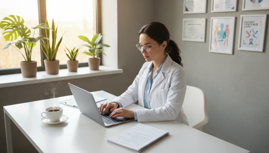 A modern medical office setting showcasing a professional female doctor in a white lab coat, sitting at a sleek desk while thoughtfully composing an email on a laptop. In the foreground, a cup of coffee and a notepad with handwritten notes are visible. The middle layer features a large window letting in warm, natural light, with potted plants adding a touch of greenery. In the background, a wall adorned with framed medical certifications and patient care posters creates a welcoming ambiance. The scene conveys a calm and focused atmosphere, emphasizing effective communication in patient care through email marketing. Capture the image from a slightly elevated angle, highlighting the interaction between the doctor and technology while maintaining a clean, professional aesthetic. A modern medical office setting showcasing a professional female doctor in a white lab coat, sitting at a sleek desk while thoughtfully composing an email on a laptop. In the foreground, a cup of coffee and a notepad with handwritten notes are visible. The middle layer features a large window letting in warm, natural light, with potted plants adding a touch of greenery. In the background, a wall adorned with framed medical certifications and patient care posters creates a welcoming ambiance. The scene conveys a calm and focused atmosphere, emphasizing effective communication in patient care through email marketing. Capture the image from a slightly elevated angle, highlighting the interaction between the doctor and technology while maintaining a clean, professional aesthetic.