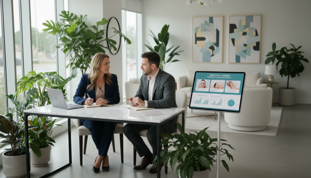 A modern medical spa office interior, showcasing an inviting and sophisticated atmosphere. In the foreground, a professional woman in smart business attire is discussing marketing strategies with a colleague at a sleek, minimalist desk surrounded by lush indoor plants. The middle ground features a digital tablet displaying spa service images and statistics, highlighting promotional offers. Soft, natural lighting streams through large windows, creating a warm and welcoming ambiance. In the background, elegant decor with calming colors and tasteful artwork enhances professionalism. The overall mood is one of collaboration and innovation, emphasizing effective marketing strategies for medical spa services. The image captures a blend of professionalism, creativity, and contemporary design, perfect for illustrating marketing strategies.